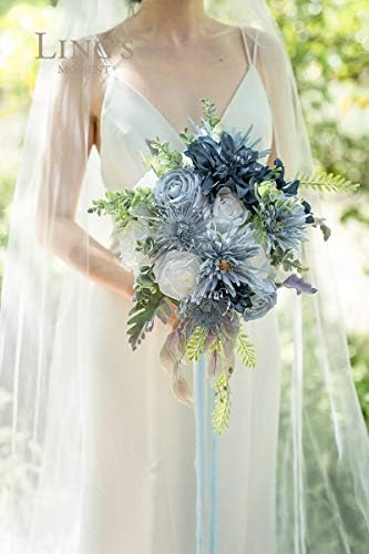Ling's moment Artificial Wedding Flowers Combo, Dusty Blue & Navy, Grand - Image 5