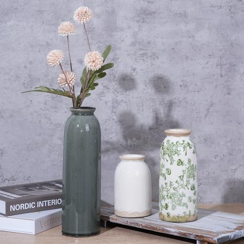 Vintage Ceramic Vase Set of 3, Flower Small Chinoiserie Vase Rustic Modern Farmhouse Centerpiece Decorative Pottery Vases for Table Mantel Entryway Bookshelf Living Room Kitchen Home Decor - Image 3