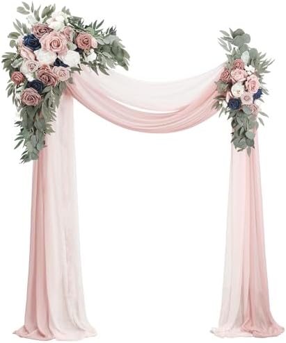 Floroom Arch Flowers with Drapes Kit (Pack of 4) - 2pcs Artificial Dusty Rose & Navy Blue Floral Swag Arrangement with 2pcs Draping Fabric for Wedding Ceremony Arbor and Reception Backdrop Decoration by Floroom