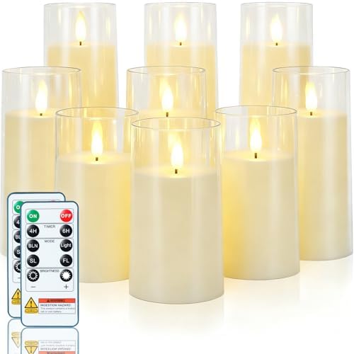 Homemory Ivory Flickering Flameless Candles, Battery Operated Acrylic LED Pillar Candles with Remote Control and Timer, Set of 9 by Homemory