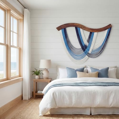 Navy Blue Macrame Wall Hanging Dip Dyed Yarn Wall Art, Modern Boho Decor - Image 2
