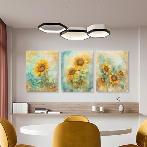 Zeredi Sunflowers Canvas Wall Art Prints, Vintage Impressionist Yellow Flowers Painting Wall Decor, Vintage Watercolor Style Artwork for Living Room Bedroom Framed Ready to Hang 12"x16" Set of 3 - Image 2