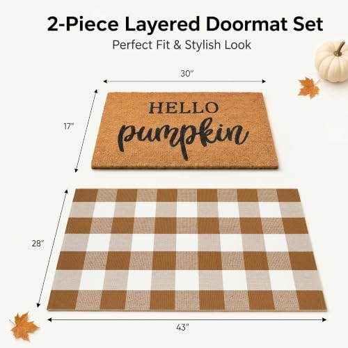 Fall Decor Door Mat Combo Set, 100% Coco Coir Welcome Mat + 28 x 43 Inches Coffee and White Plaid Rug - Fall Thanksgiving Front Porch Entryway Floor Doormat, Indoor Outdoors Autumn Mats Hello Pumpkin - Image 2