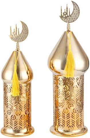 TRIROCKS Ramadan Lanterns Set of 2 14" &12" Gold Electric Candle Holders with Timer, Metal Decorative Vintage Lanterns for Indoor/Outdoor Decor, Perfect EID Mubarak Gift by TRIROCKS