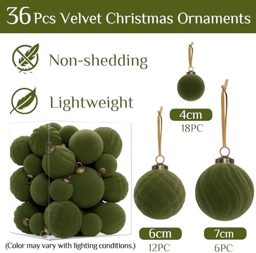 XmasExp 36PCS Velvet Christmas Ornaments Set Mixed Flocked Balls Ornaments Shatterproof Christmas Tree Decorations for Holiday,Party,Home（Green） - Image 3
