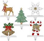 Christmas Stocking Holders for Mantel Set of 5 Reindeer Snowflake Tree Bell Candycane Metal Standing Stocking Hook Silver Sturdy Stockings Hanger for Fireplace Decoration (Set of 5) by Layseri