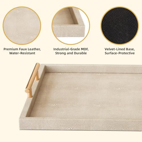 Modern Decorative Tray Set of 2 Ivory Shagreen Leather and Wood Serving Tray with Gold Polished Metal Handles for Ottoman, Coffee Table, Bathroom and More - Image 2