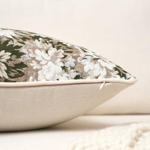 FANAMI Vintage Floral Throw Pillow Covers 20x20 Set of 2 Boho Farmhouse Accent Pillowcase Neutral Modern Chenille Square Decorative Cushion Covers for Couch Sofa Bed Living Room Home Decor, Green - Image 3