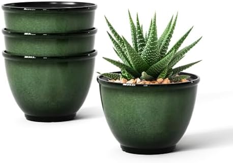 8Inch Plastic Plant Pots,4Pack Glazed Flower Pots for Indoor Outdoor Plants by Vanslogreen
