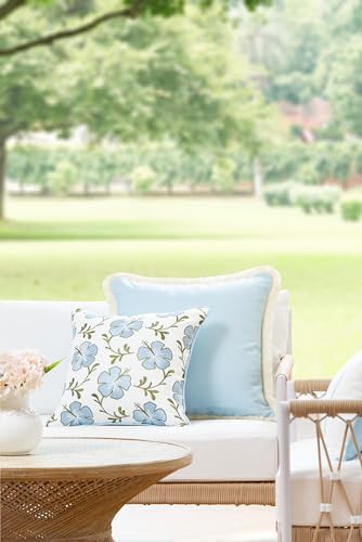 Hofdeco Premium Coastal Patio Indoor Outdoor Throw Pillow Cover Only, 18"x18" Water Repellent for Backyard, Couch, Baby Blue Green Embroidered Hibiscus Floral with Piping (Pack of 2) - Image 2