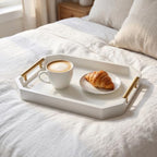 Decorative Wood Serving Tray with Polished Gold Handles, Octagon MDF Tray, Glossy Finish, 16x12 Inch, for Coffee Table, Ottoman (White) - Image 4
