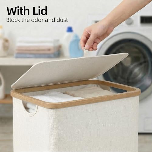efluky Slim Laundry Basket with Lid, Narrow Laundry Hamper with Removable Bag, Skinny Dirty Clothes Basket with Bamboo Handles for Bathroom, Bedroom & Laundry Room, 90L Beige - Image 2