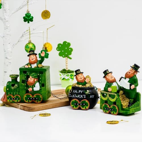YIYA 3 Pcs Ireland St Patricks Day Decorations Train Figurine with Lighted Leprechaun Irish Resin Tabletop Centerpiece Decor for Home Tiered Tray Decor - Image 3