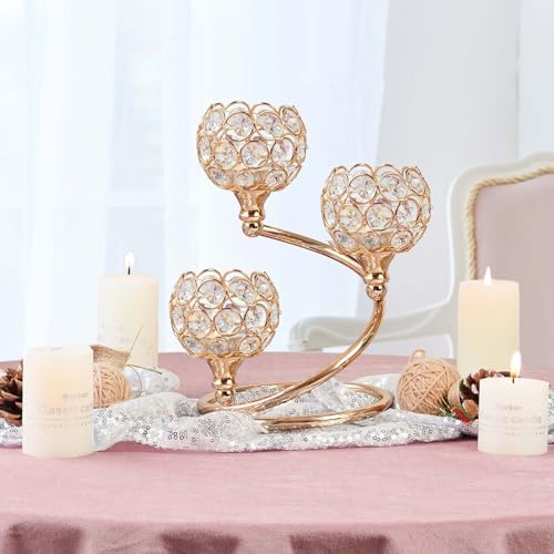 Metal Crystal Candle Holder Set of 2 - Elegant 3-Arm Metal Tea Light Centerpiece with Shining Crystal Bowl, Wedding Anniversary Table Decor for Dining, Party (Gold, 2 Pcs 3 Arm) - Image 5