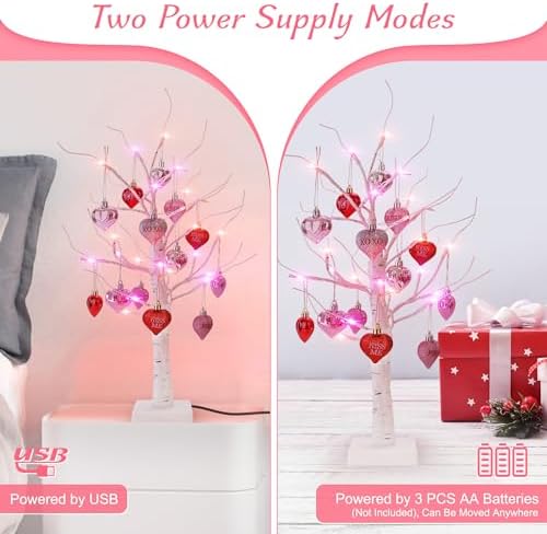 Valentines Day Lighted Birch Trees, 2 Pack with Hanging Heart Ornaments - Image 2