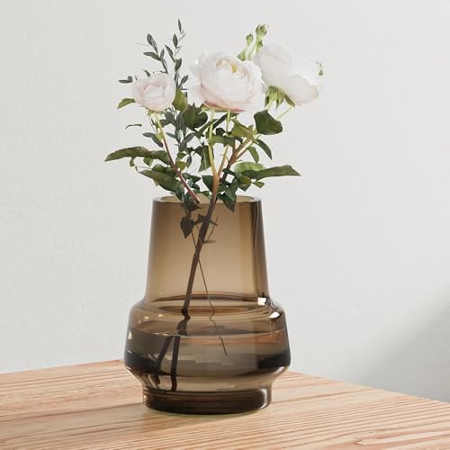 Relexome Amber Glass Vase Bud Flower Vase with Modern Design, Brown Wide Mouth Decorative Vase Gift for Home Decor, Living Room, Dining Table, Entryway, Shelf, Wedding, Office, 7.3 Inch (Amber) by Relexome