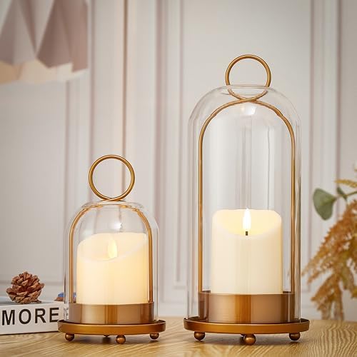 Hurricane Metal & Glass Candle Holder Set of 2 with Timer Candles, Decorative Candlestick Pillar Holder with Clear Glass for Wedding Party Holiday Dining Table Centerpiece Lanter, Gold by Gdfmsc