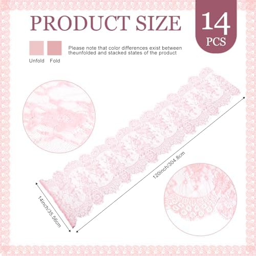14 Pcs Rose Pink Lace Table Runner 14 x 120 Inch Wedding Romantic Floral Table Cloths Embroidered Runner Decorations for Bridal Shower Birthday Party - Image 2