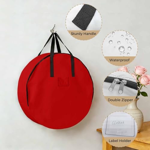 24 Inch Round Storage Bag 1 Pack,Christmas Red Waterproof Wreath Storage Container with Handles&Zipper Simplistic Closet Organizer Bags Garland Box - Image 5