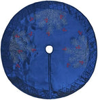 X.Sem Large Pine Branches Berry Embroidered Faux Silk Christmas Tree Skirt with Pintuck Border 50'' Blue (50 inch) - Image 2