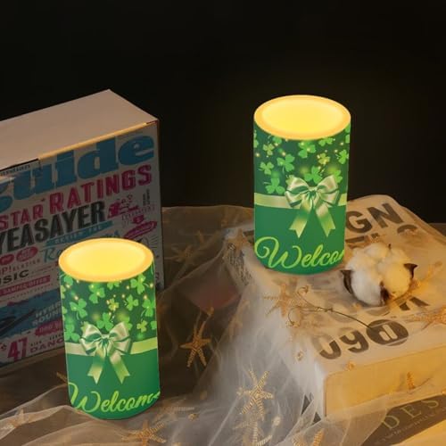 St Patricks Day Decor Flameless Candles Battery Candles with Remote Control Green Bow LED Pillar Candles Electric Fake Plastic Candles for Home Room Bedroom Holiday Decorations Set of 2 - Image 6