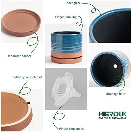 HERDUK 6 Inch Plant Pots, Ceramic Planter Pot with Drainage Hole & Saucer, Indoor/Outdoor Cylinder Round Planter Pot, Aqua Blue & Terracotta Red - Image 4