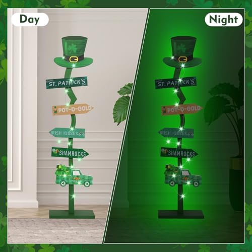 43.8" Lighted Wooden St. Patrick's Day Porch Sign Leprechaun Hat Shamrock Irish Train Standing Signs With Base For Indoor Outdoor Yard Decor - Image 3