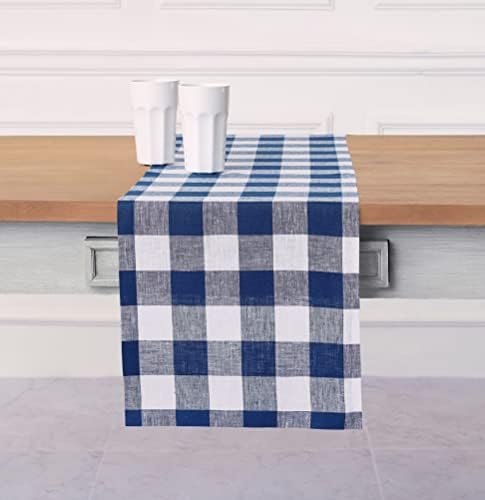 Solino Home 100% Pure Linen Table Runner, 14 x 120 in, Blue and White Check by SolinoHome
