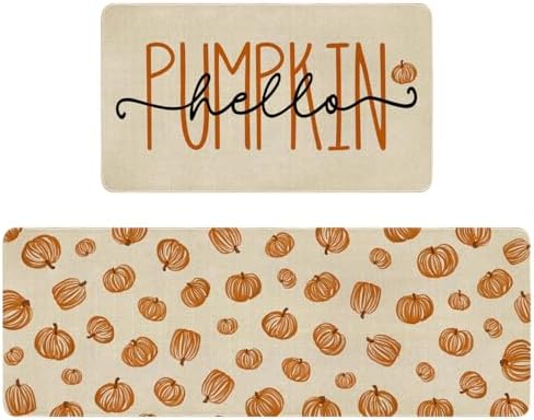 Fall Thanksgiving Pumpkin Kitchen Rugs Set of 2,Orange Hello Pumpkin Wooden Farmhouse Floor Mats and Rugs Non Skid Washable for Kitchen Home Decor (17"x47"+17"x30") by Xsinufn