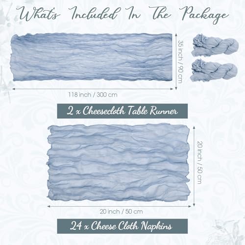 Pcs Cheesecloth Napkins and Table Runners Set, 10 ft Cheese Cloth Table Runners Boho Wedding Decor Rustic Wrinkled Gauze Napkins for Wedding Birthday Party Baby Shower(Gray Blue,26) - Image 2