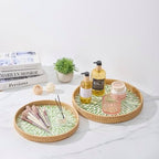 Round Rattan Tray with Mother of Pearl Inlay, Rattan Serving Tray with Wooden Base, Decorative Wicker Basket for Table Decor, Storage and Display of Coffee Bread Food Fruit (Leaf 13.5") - Image 3