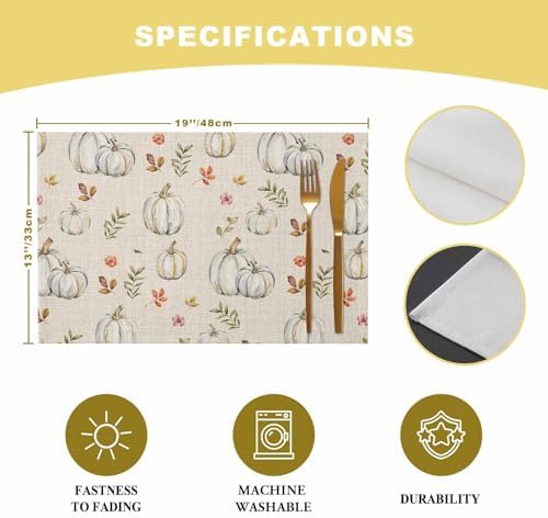 Thanksgiving Placemats Set of 4, Grey Pumpkin Leaves Fall Harvest Burlap Placemats for Dining Table Place Mats for Kitchen Table Waterproof Table Mats, Wipeable Dining Table Set - Image 6