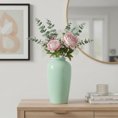 Green Ceramic Vase - 11 Inch Tall Modern Decorative Flower Vase for Living Room, Pottery Centerpiece Vases Home Decor, Eucalyptus, Mantel Decor, Side Table, Kitchen Decoration - Image 6