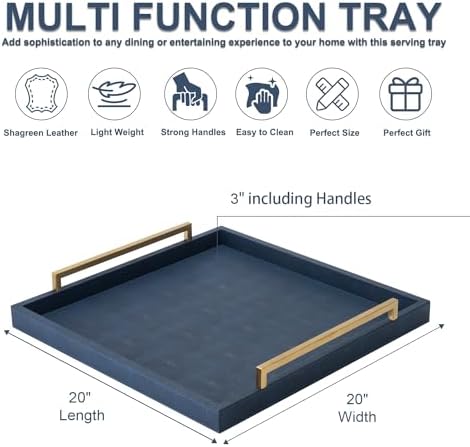 Large Navy Blue Decorative Tray for Ottoman,Stylish Rectangle Coffee Table Tray with Handles,Versatile Serving Tray for Living Room and Home Decor - Image 3