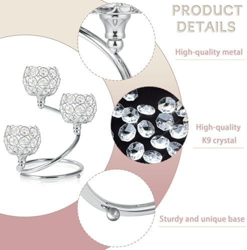 Metal Crystal Candle Holder Set of 6 - Elegant 3-Arm Tea Light Centerpiece with Shining Crystal Bowl, Wedding Anniversary Table Decor for Dining, Party (Silver, 6 Pcs 3 Arm) - Image 3
