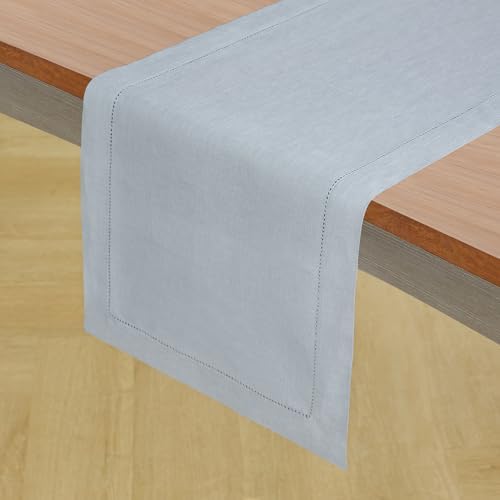 Solino Home 100% Pure Linen Table Runner Dusty Blue Hemstitch, 14 x 156 in - Image 2