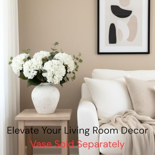 Real Touch White Faux Hydrangea And Eucalyptus Arrangement, Faux Floral Arrangements, Hyper Realistic Artificial Flowers, White Centerpieces For Kitchen Dining Coffee Table Decor (Vase Not Included) - Image 2