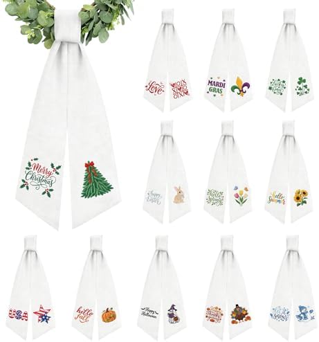 12 Pcs Seasonal Wreath Sash for Front Door Embroidery Ribbon Sash Christmas Fall Gift Holiday for Yard Porch Doorway Decor Indoor Outdoor by QIONGMENG