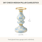 MACKENZIE-CHILDS Enamel Pillar Candlestick, Candle-Holder Decor, Medium, Light-Blue-and-White Sky Check - Image 4
