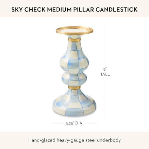MACKENZIE-CHILDS Enamel Pillar Candlestick, Candle-Holder Decor, Medium, Light-Blue-and-White Sky Check - Image 4