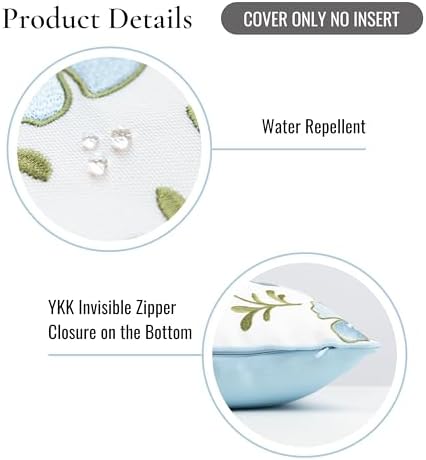 Hofdeco Premium Coastal Patio Indoor Outdoor Lumbar Pillow Cover Only, 12"x20" Water Repellent for Backyard, Couch, Baby Blue Green Embroidered Hibiscus Floral with Piping (Pack of 2) - Image 5