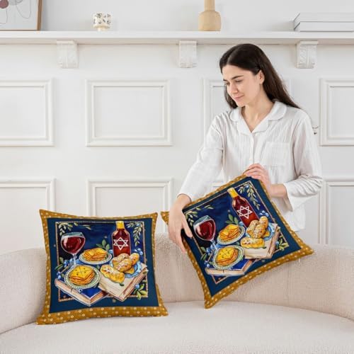 Erosebridal Happy Hanukkah Decorative Pillow Covers, Passover Throw Pillow Covers 24X24 Set of 2, Festive Hexagram Cushion Cases for Couch Bed Sofa Home Decor - Image 3