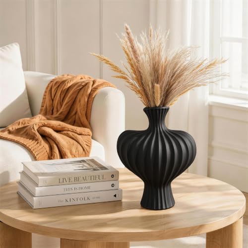 Ceramic Flower Vase Home Decor, 11 in Farmhouse Table Vases Rustic Vintage Living Room Kitchen Bedroom Decorations Pottery Decorative Vases for Flowers House Shelf Coffee Desk Dining Fireplace, Black - Image 3