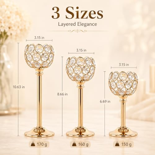 Candle Holder Candlestick Holders- 3Set Gold Crystal Pillar Candle Holders,Metal Candlestick Stands for Wedding Centerpieces,Table Decor for Church,Valentine's Day Housewarming Gift,9Pcs - Image 3