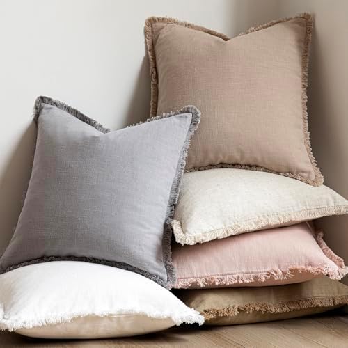 Foindtower Decorative Linen Fringe Throw Pillow Covers 24×24 Inch,Tan Beige - Image 6