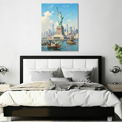 Patriotic Statue of Liberty Canvas Wall Art 4th of July New York Harbor Oil Painting USA Flag Vintage NYC Skyline Wall Decor Independence Day American Home Decor 16x24in - Image 6