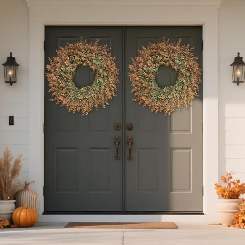26"Artificial Eucalyptus Wreath with Seed for Front Door Decor(Fall Orange) - Image 4