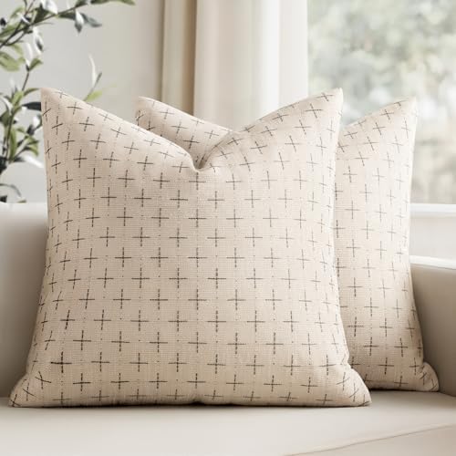 MIULEE Pack of 2 Decorative Burlap Linen Christmas Throw Pillow Covers Modern Farmhouse Pillowcases Rustic Woven Textured Cushion Cover for Sofa Couch Bed 22x22 Inch Beige by MIULEE