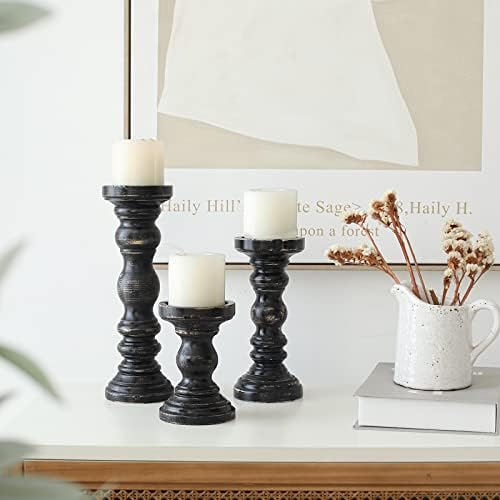 SWALLOWLIVING Rustic Farmhouse Wood Pillar Candle Holder Set of 3 for Candlestick, Black - Image 2