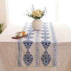 Hand Block Printed Cotton Table Runner, Machine Washable Cotton Runner, Boho Floral Centerpiece Accent for Dining Tables and Buffet Cabinets, 16x70 Inches - Blue & Ivory - Image 3